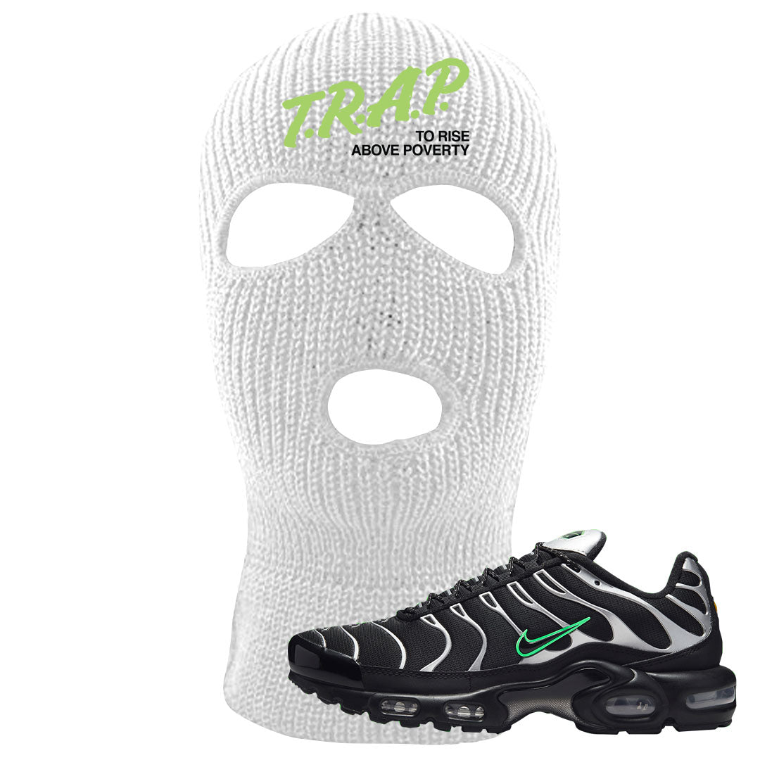 Neon Green Black Grey Pluses Ski Mask | Trap To Rise Above Poverty, White