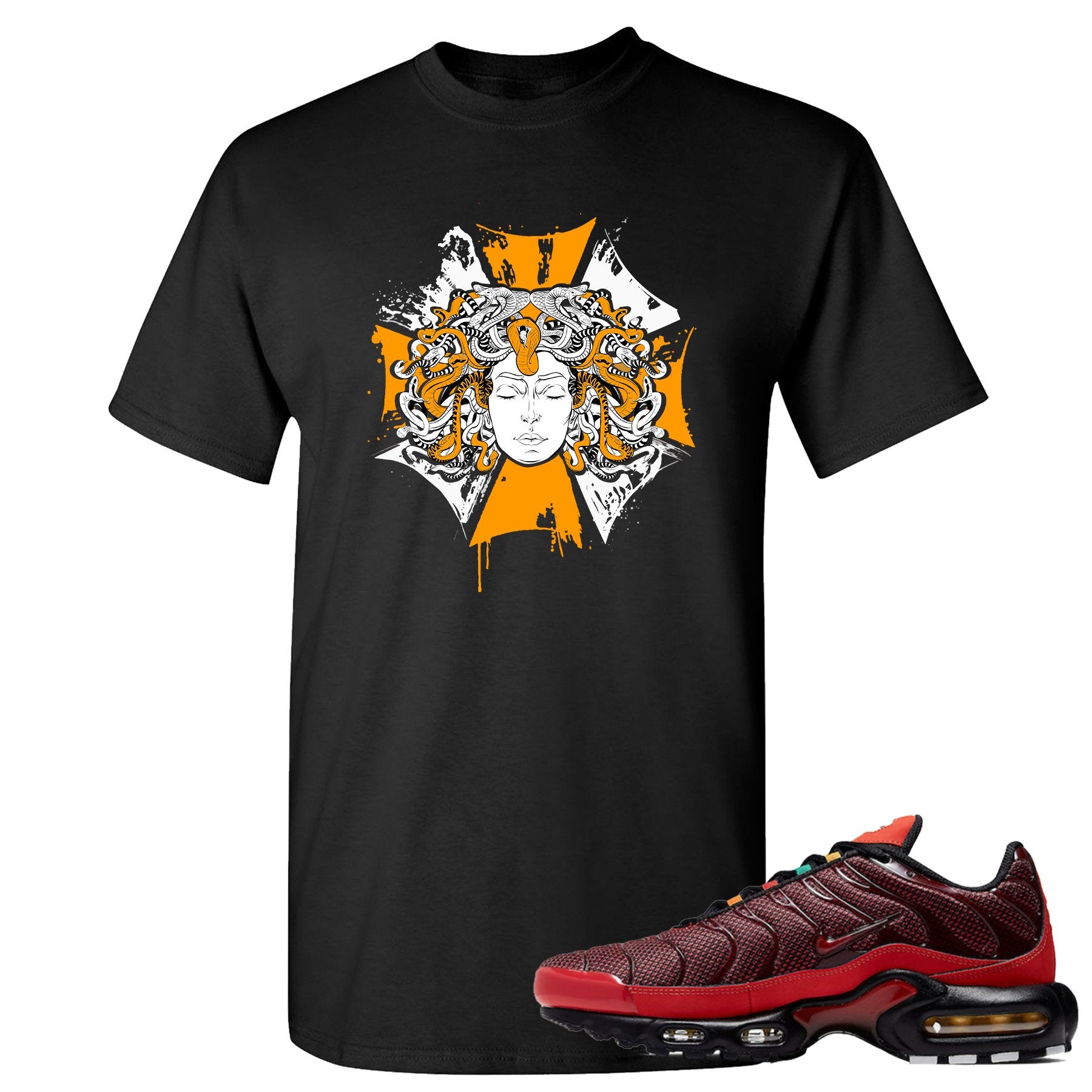 printed on the front of the air max plus sunburst sneaker matching black tee shirt is the medusa sunburst logo