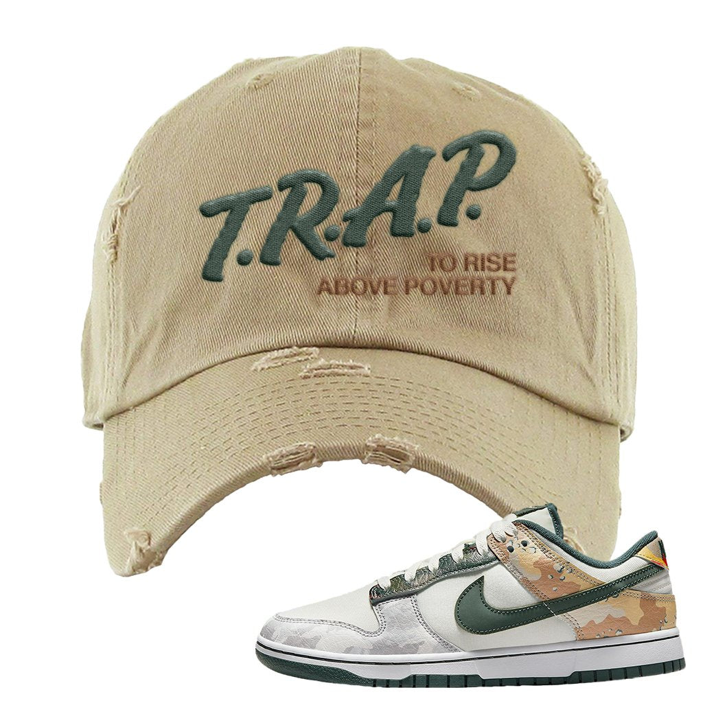 Camo Low Dunks Distressed Dad Hat | Trap To Rise Above Poverty, Khaki