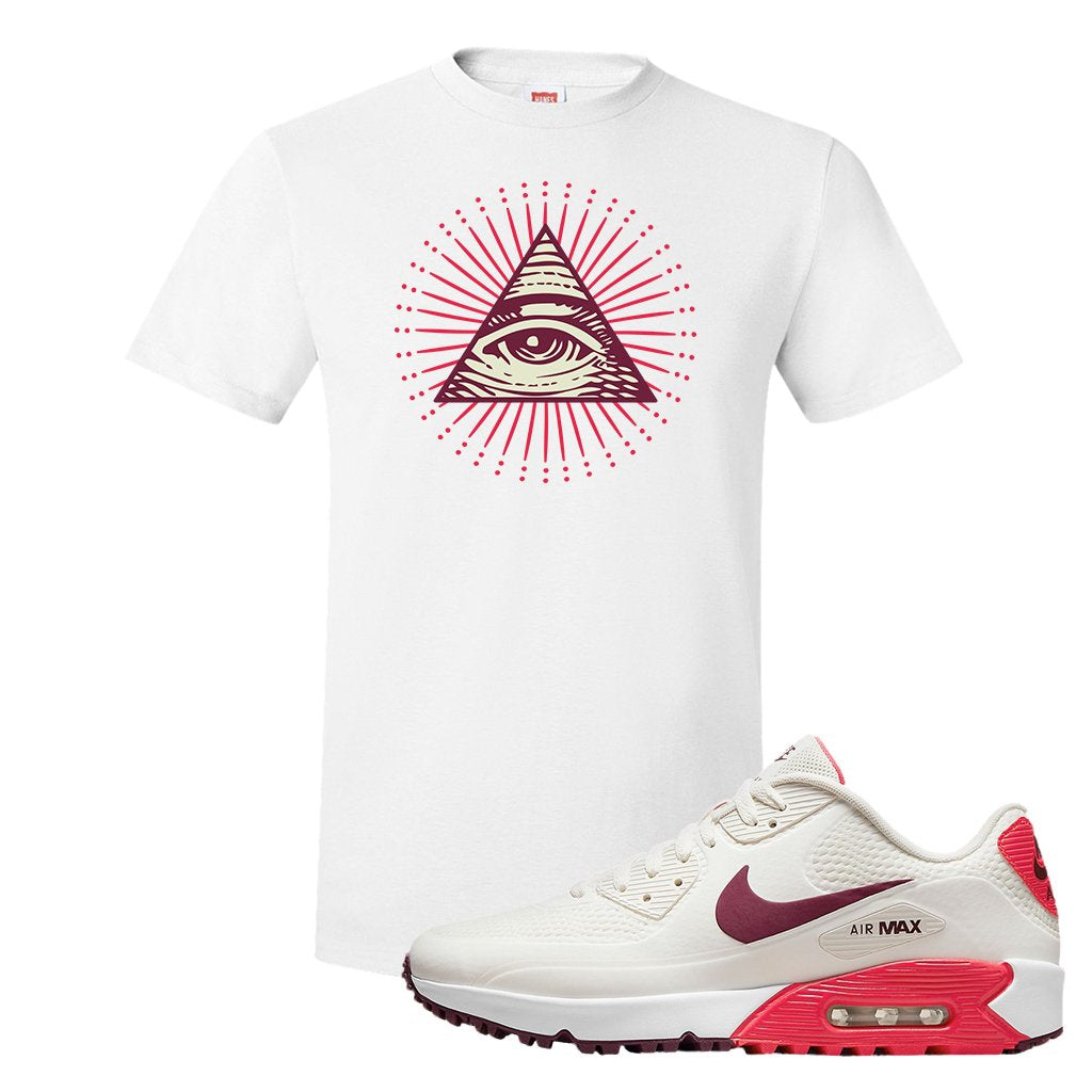 Fusion Red Dark Beetroot Golf 90s T Shirt | All Seeing Eye, White