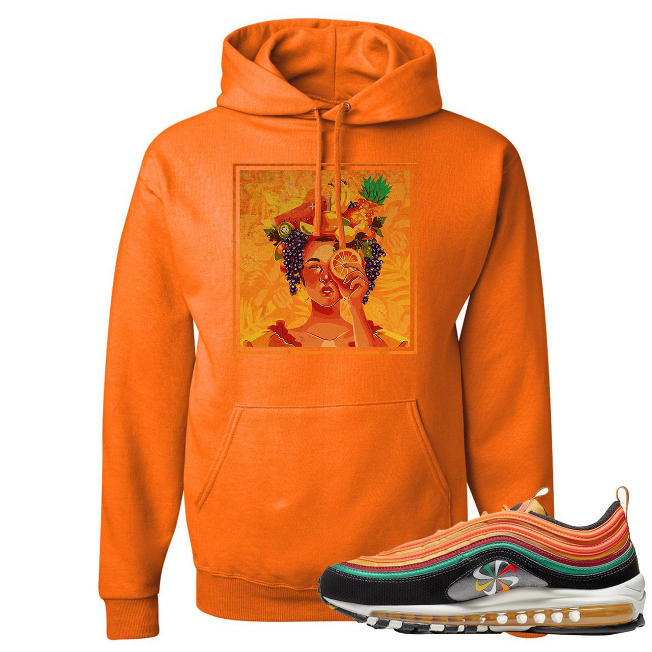 Printed on the front of the Air Max 97 Sunburst safety orange sneaker matching pullover hoodie is the Lady Fruit logo