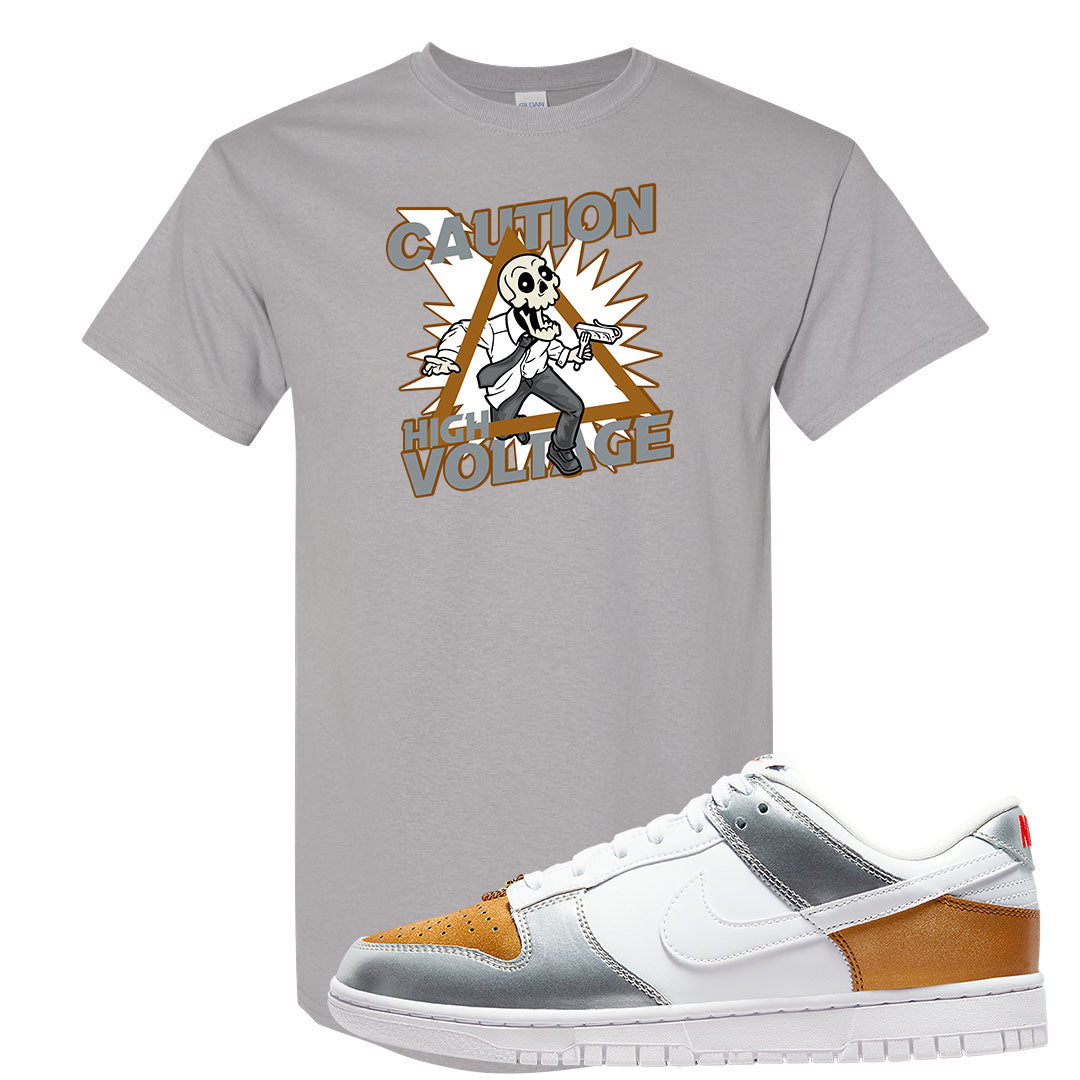 Gold Silver Red Low Dunks T Shirt | Caution High Voltage, Gravel