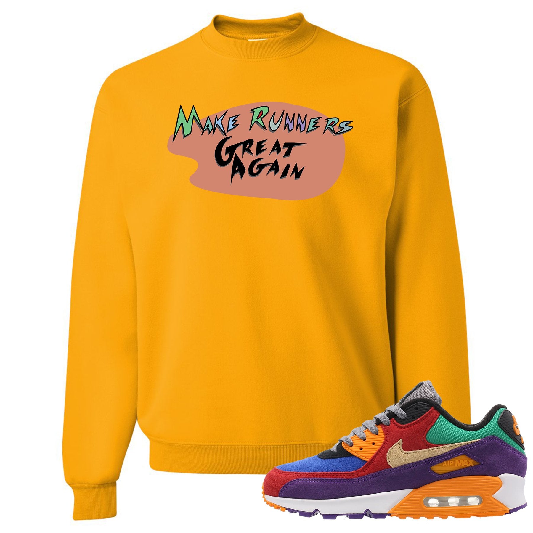 Printed on the front of the gold Air Max 97 Viotech sneaker matching crewneck sweatshirt is the Make Runners Great Again logo