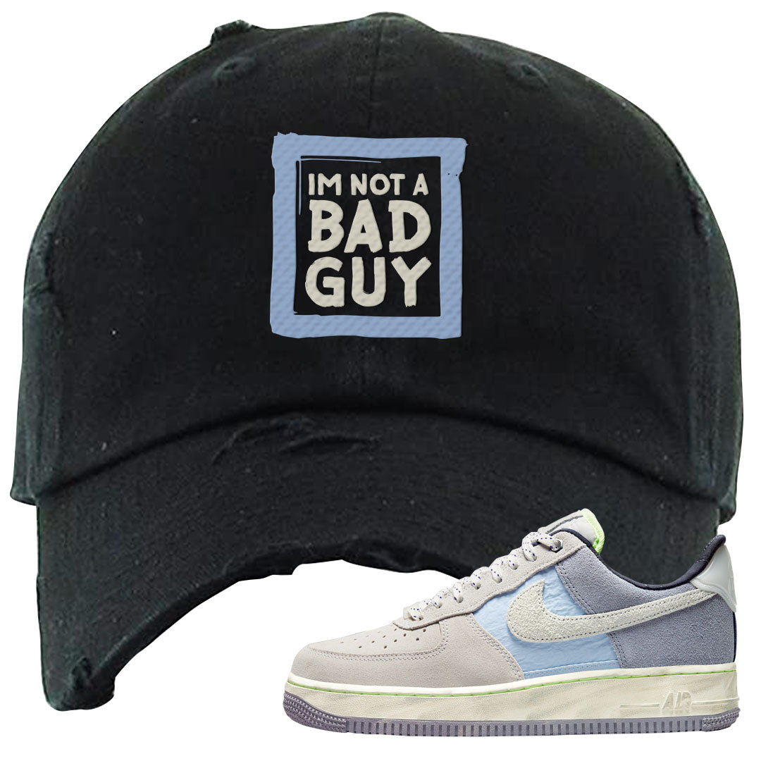 Womens Mountain White Blue AF 1s Distressed Dad Hat | I'm Not A Bad Guy, Black