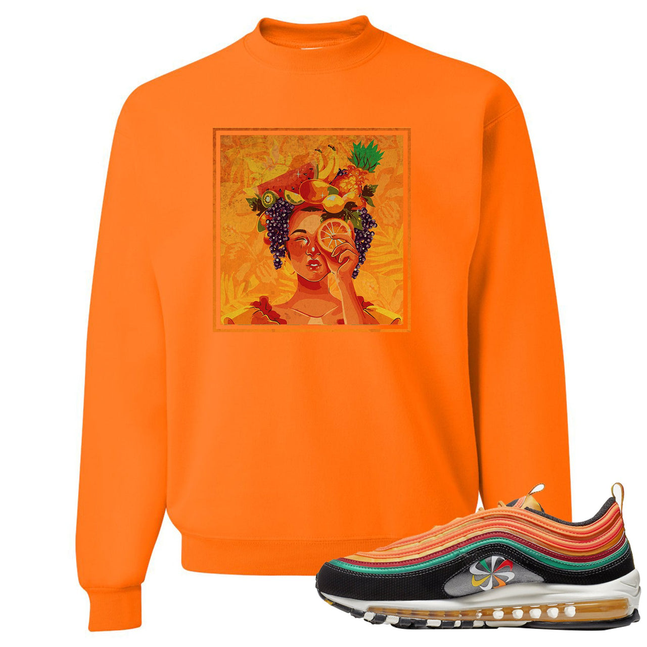 Printed on the front of the Air Max 97 Sunburst safety orange crewneck sweatshirt is the Lady Fruit logo