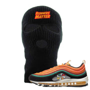 Embroidered on the forehead of the Air Max 97 Sunburst sneaker matching black Runners Matter ski mask is the Runners Matter logo