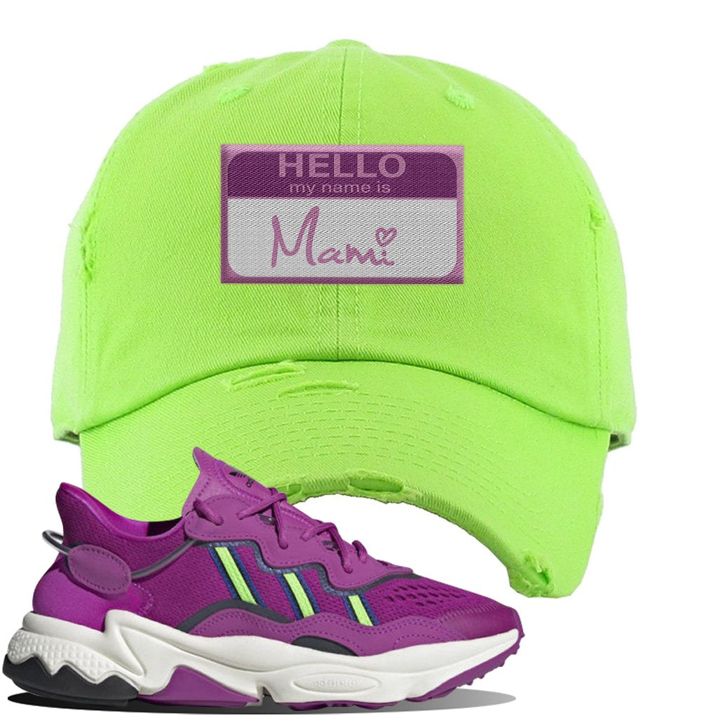 Ozweego Vivid Pink Sneaker Lime Green Distressed Dad Hat | Hat to match Adidas Ozweego Vivid Pink Shoes | Hello my Name is Mami