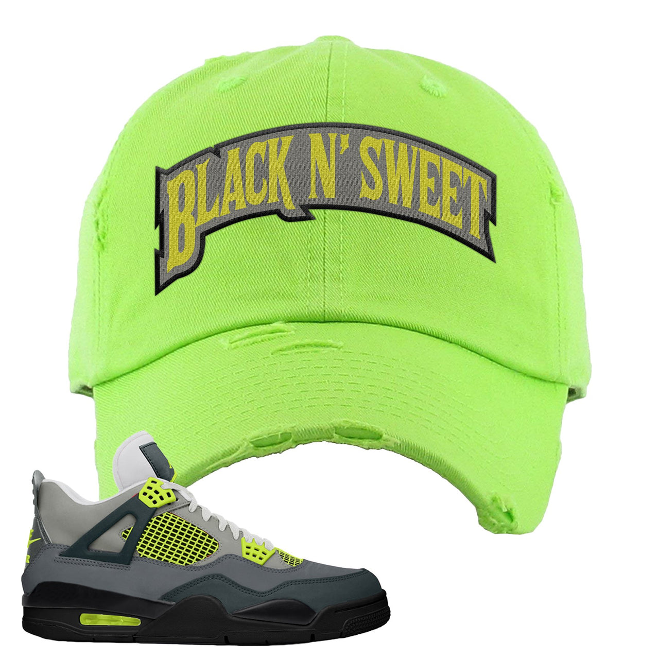 Jordan 4 Neon Sneaker Light Gray Distressed Dad Hat | Hat to match Nike Air Jordan 4 Neon Shoes | Black N Sweet Arch