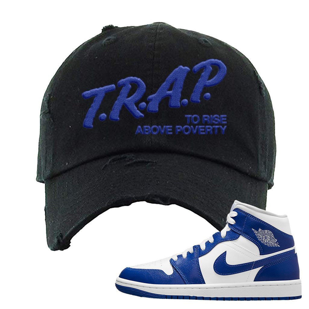 Air Jordan 1 Mid Kentucky Blue Distressed Dad Hat | Trap To Rise Above Poverty, Black