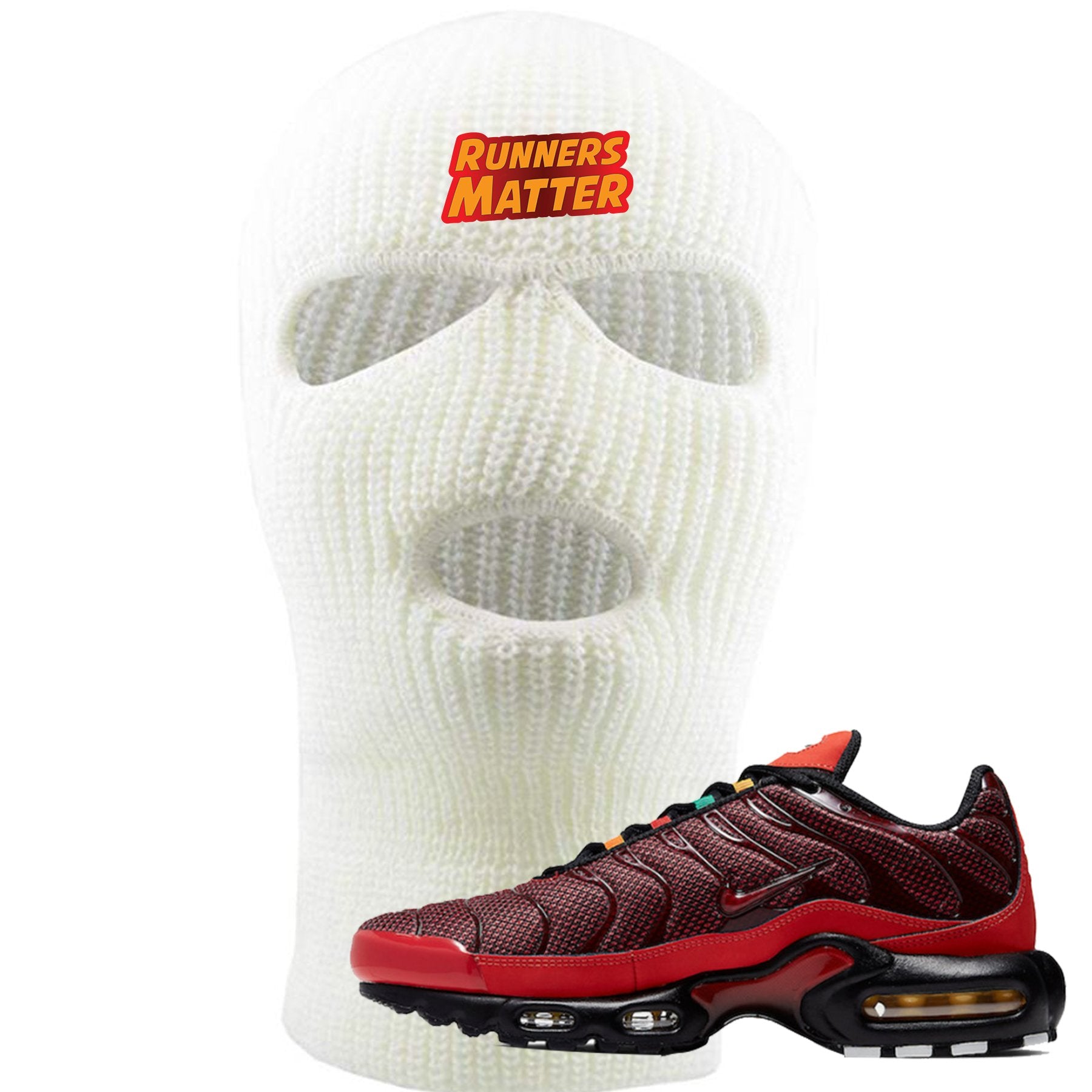 embroidered on the forehead of the air max plus sunburst sneaker matching white ski mask is the runners matter logo