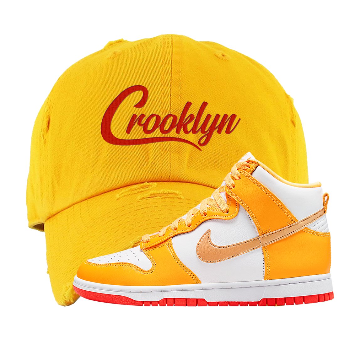Yellow Gold Orange High Dunks Distressed Dad Hat | Crooklyn, Gold