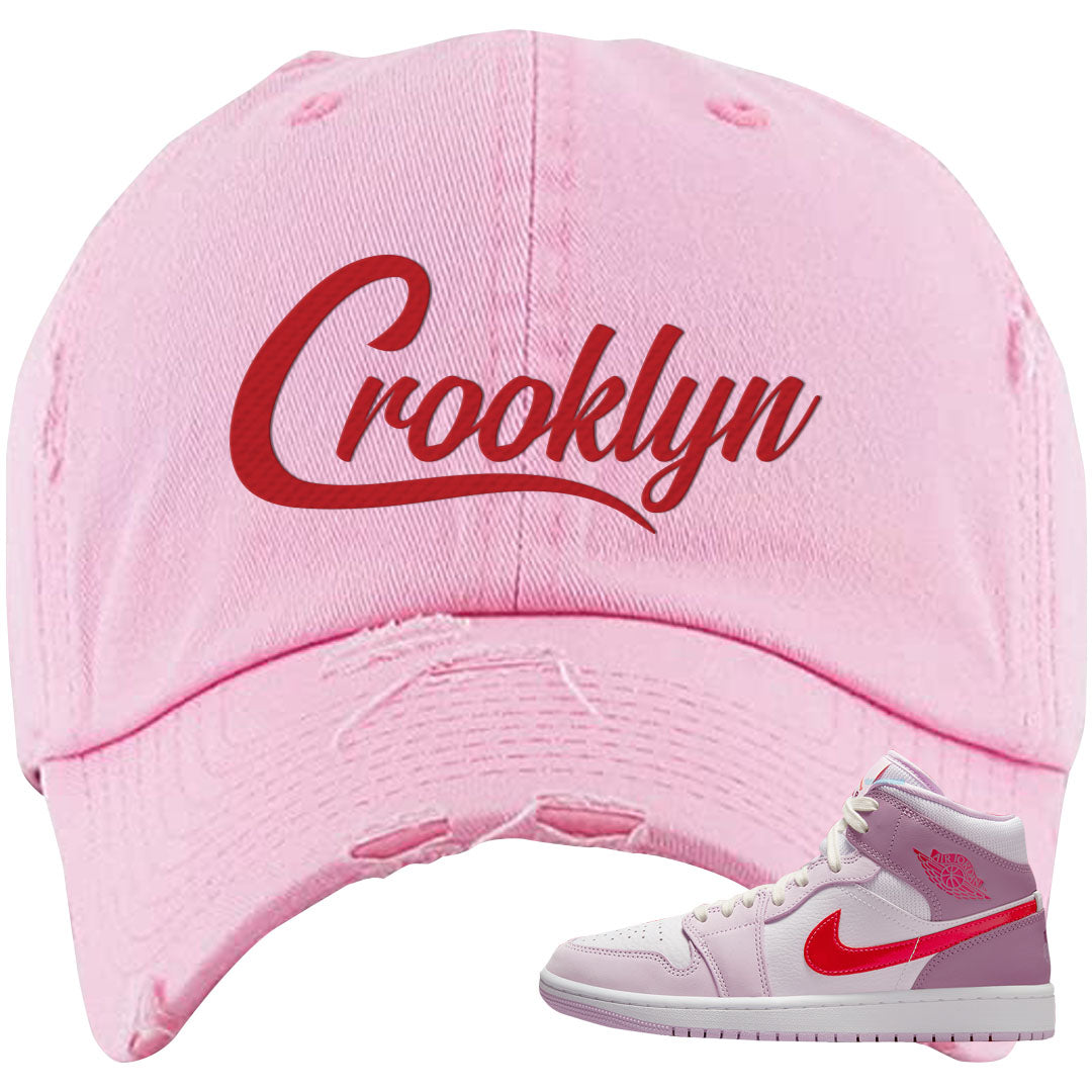 Valentine's Day Mid 1s Distressed Dad Hat | Crooklyn, Light Pink