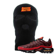 embroidered on the front of the air max plus sunburst sneaker matching black ski mask is the runners matter logo