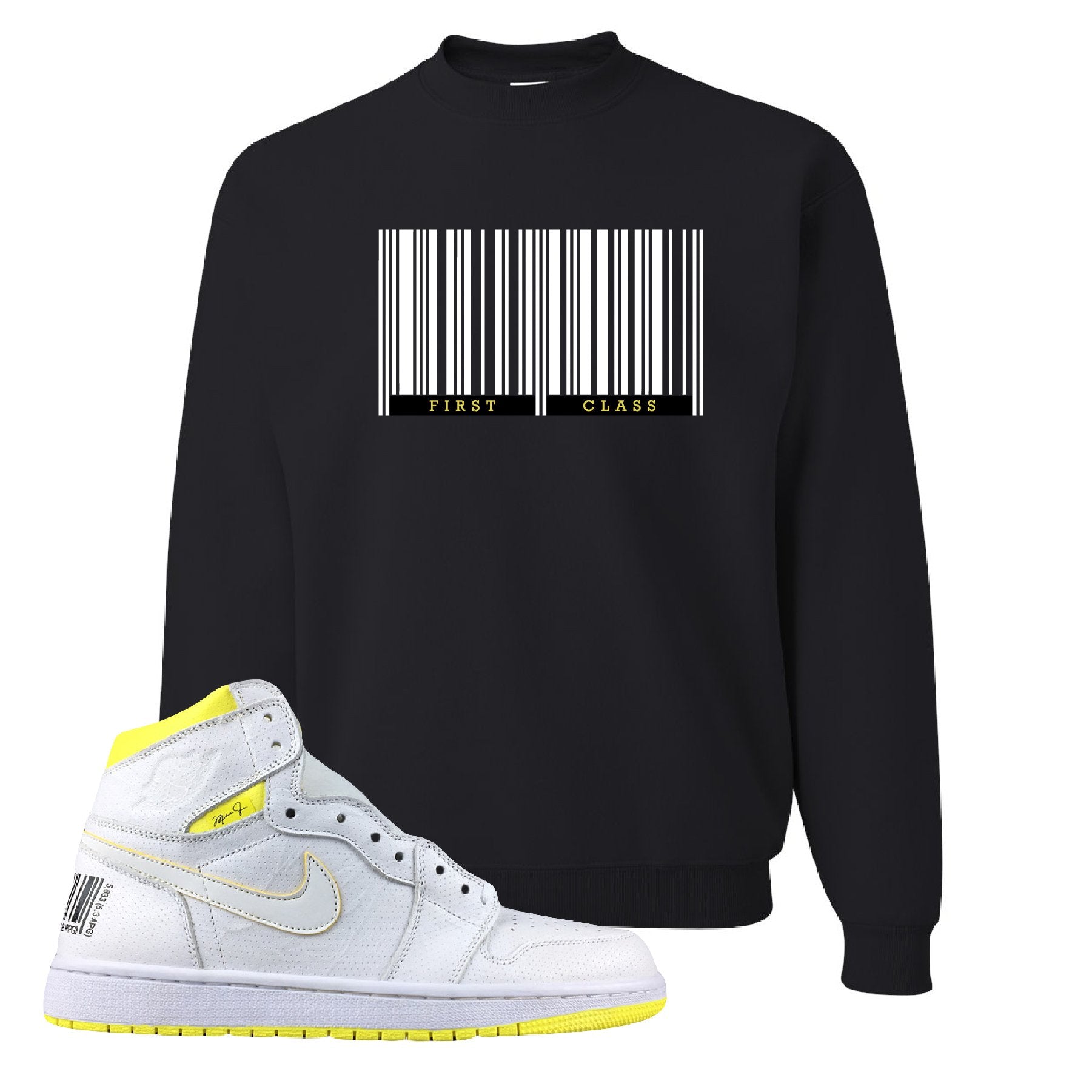 Air Jordan 1 First Class Flight First Class Barcode Black Sneaker Matching Crewneck Sweatshirt