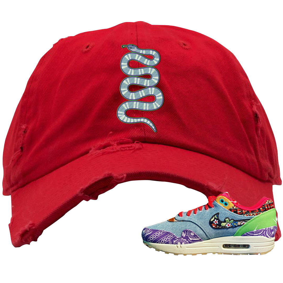 Bandana Paisley Max 1s Distressed Dad Hat | Coiled Snake, Red