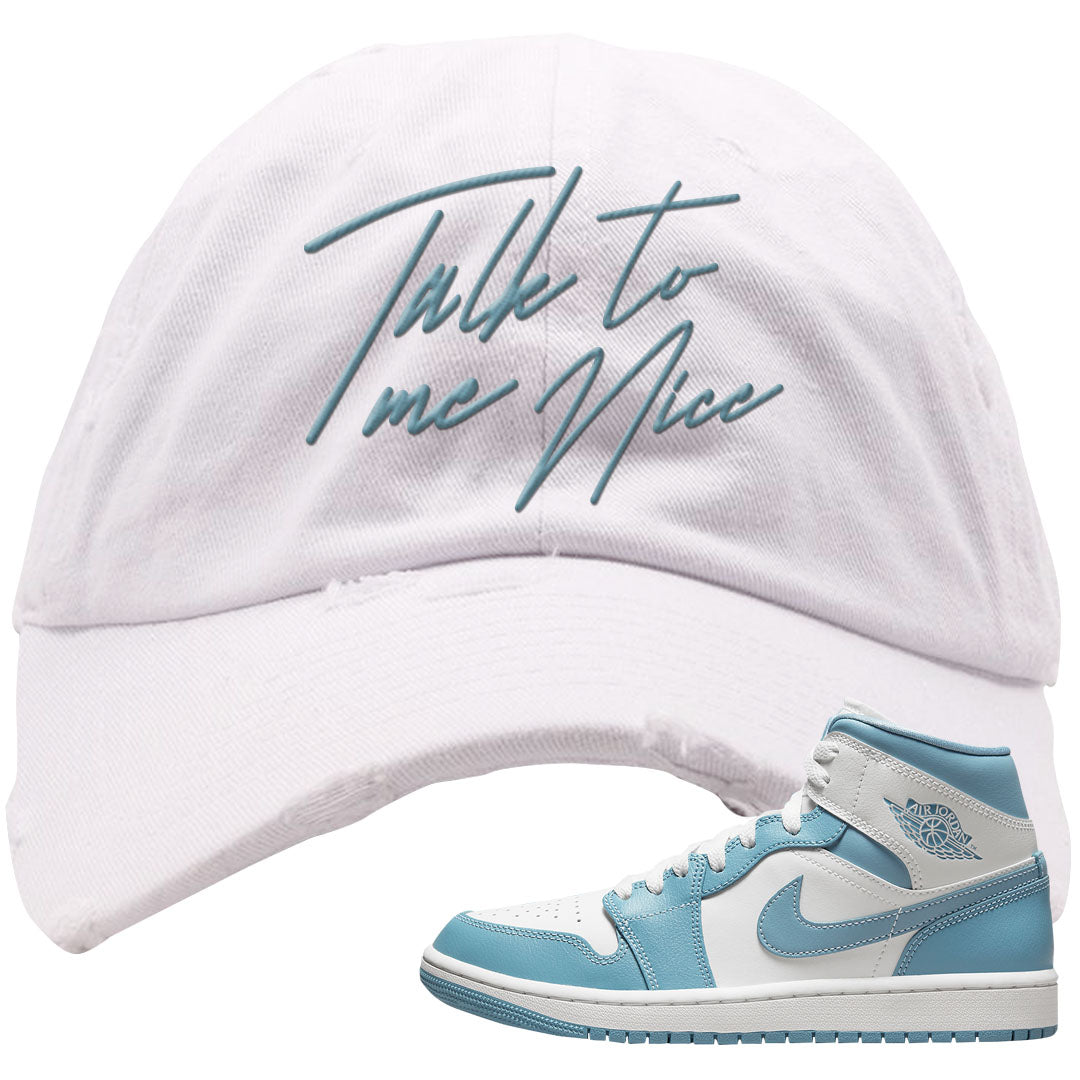 University Blue Mid 1s Distressed Dad Hat | Talk To Me Nice, White