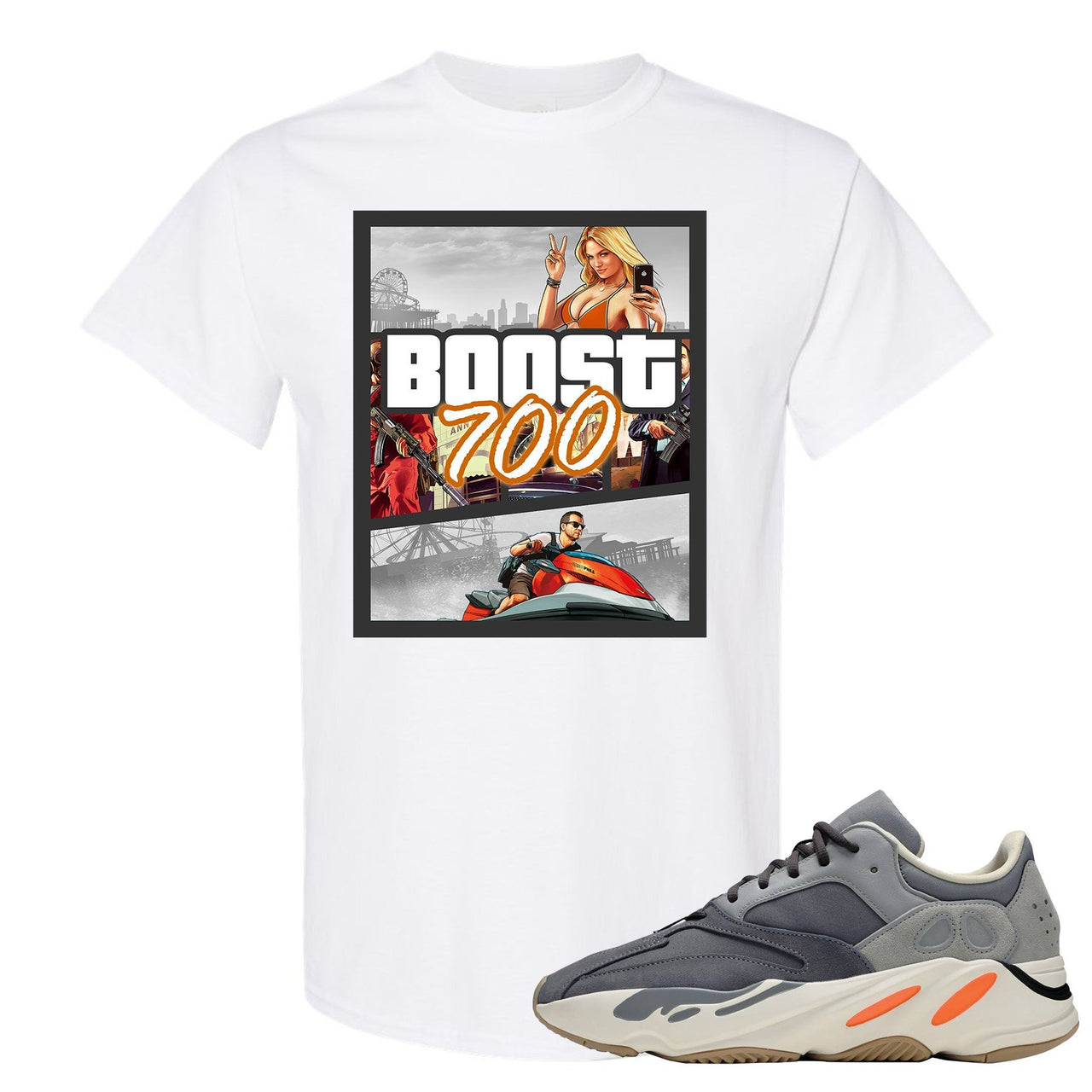 Yeezy Boost 700 Magnet GTA Cover White Sneaker Matching Tee Shirt
