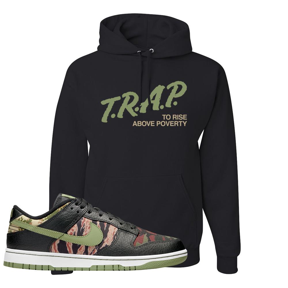 Multi Camo Low Dunks Hoodie | Trap To Rise Above Poverty, Black