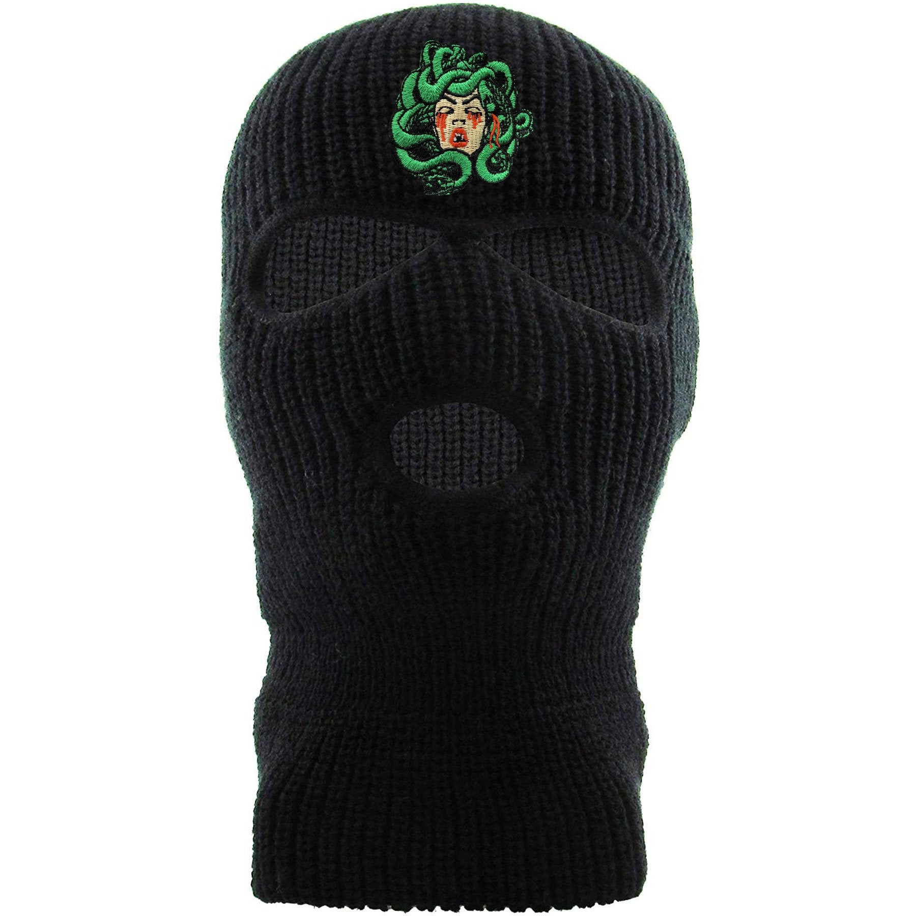 Embroidered on the front of the medusa black ski mask is the medusa logo