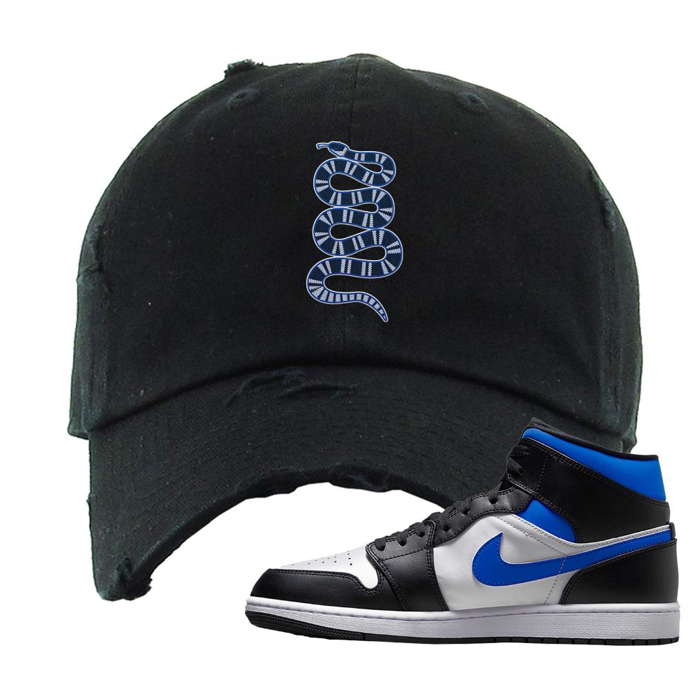 Air Jordan 1 Mid Royal Distressed Dad Hat | Coiled Snake, Black