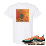 Printed on the front of the Air Max 97 Sunburst Safety Orange Sneaker Matching White Tee Shirt is the Vintage Egyptian logo