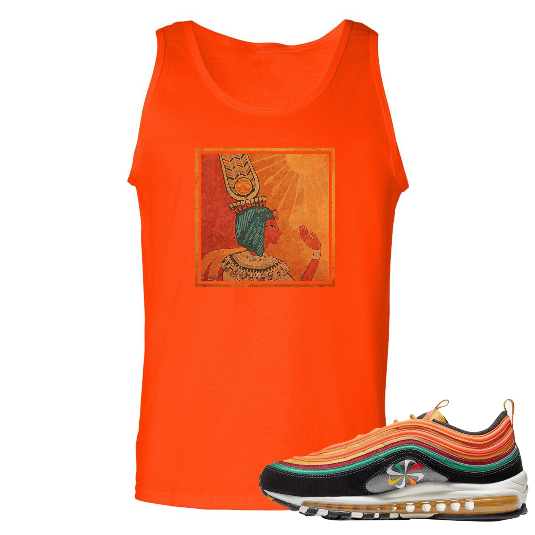 Printed on the front of the Air Max 97 Sunburst Orange sneaker matching tank top is the vintage egyptian logo