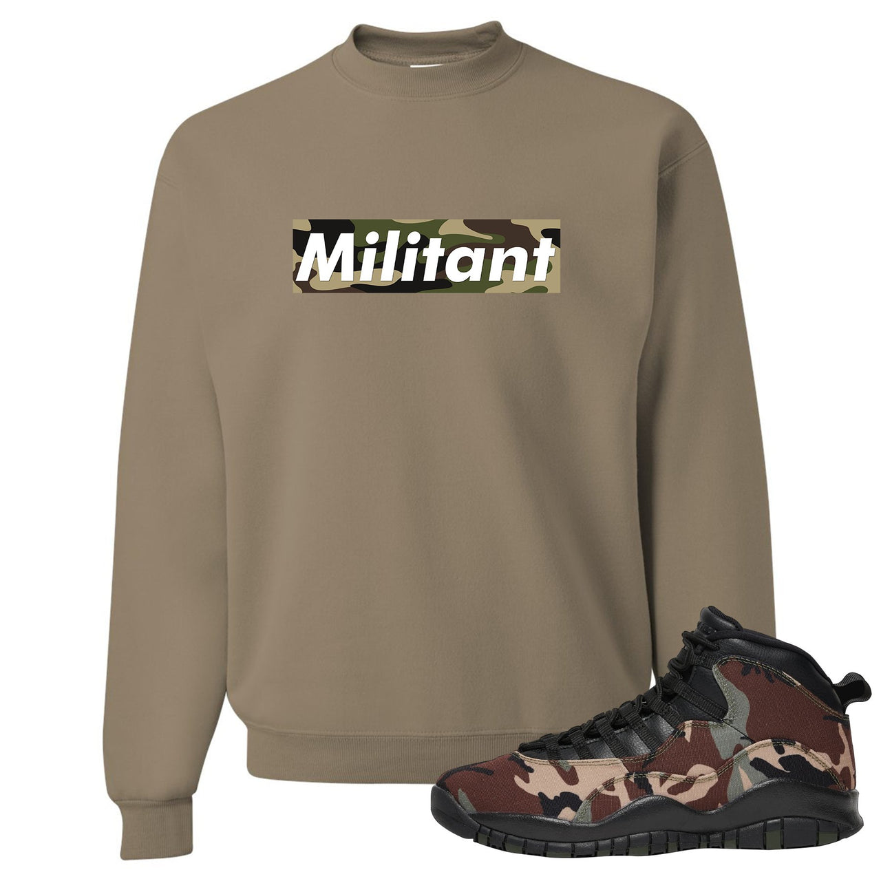 Woodland Camo 10s Crewneck Sweatshirt | Militant Camo Box Logo, Khaki