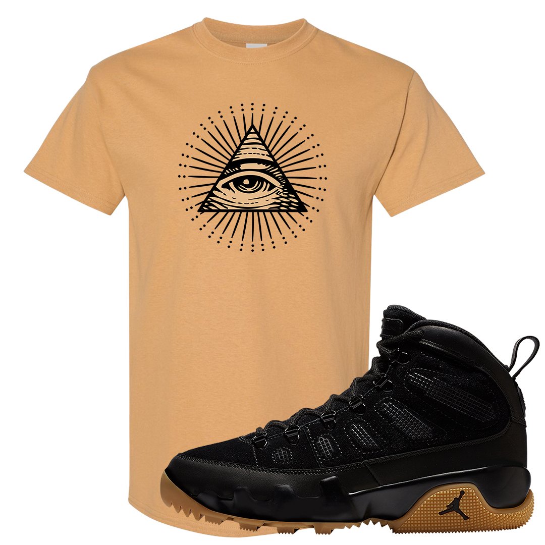 NRG Black Gum Boot 9s T Shirt | All Seeing Eye, Old Gold