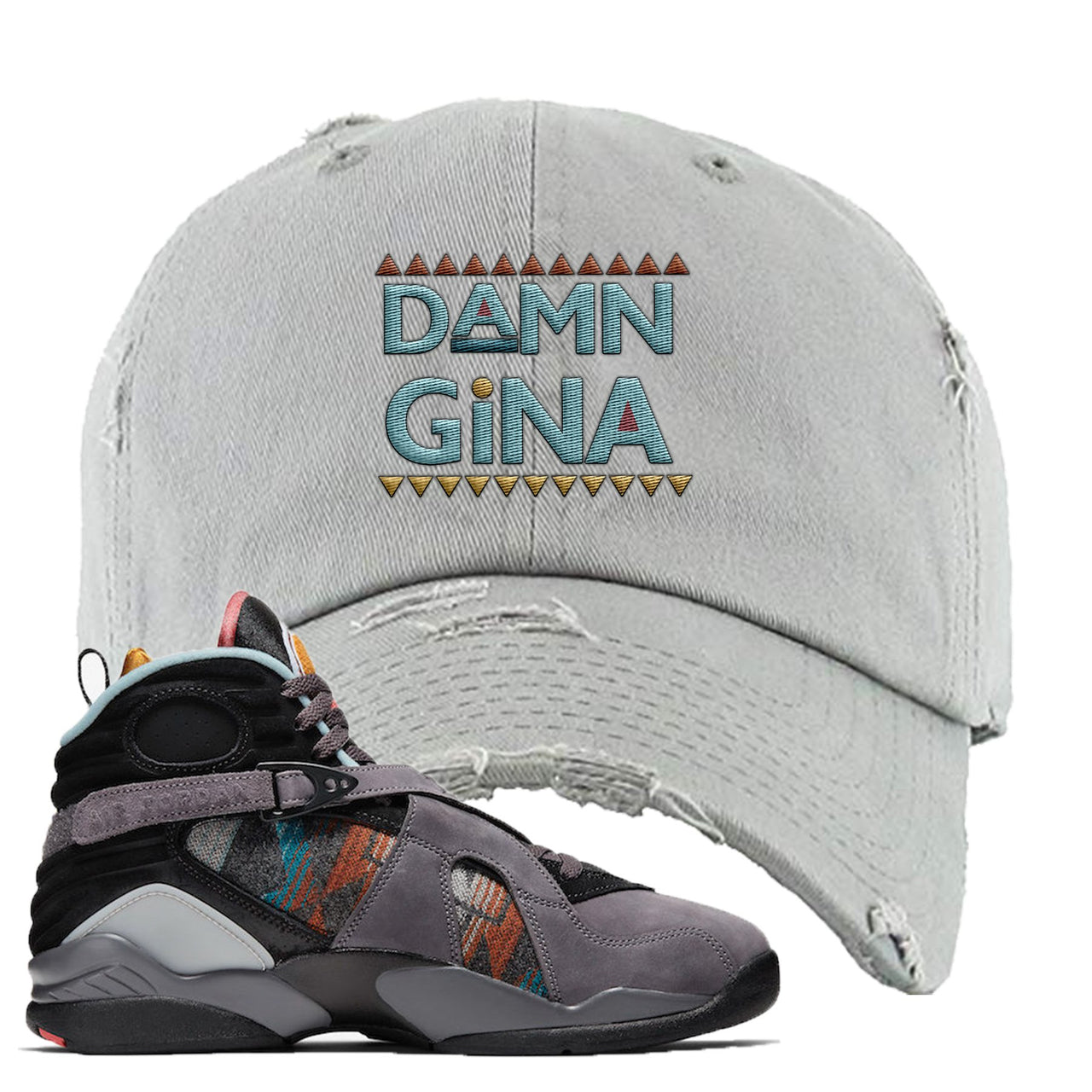 Jordan 8 N7 Pendleton Damn Gina Light Gray Sneaker Hook Up Distressed Dad Hat
