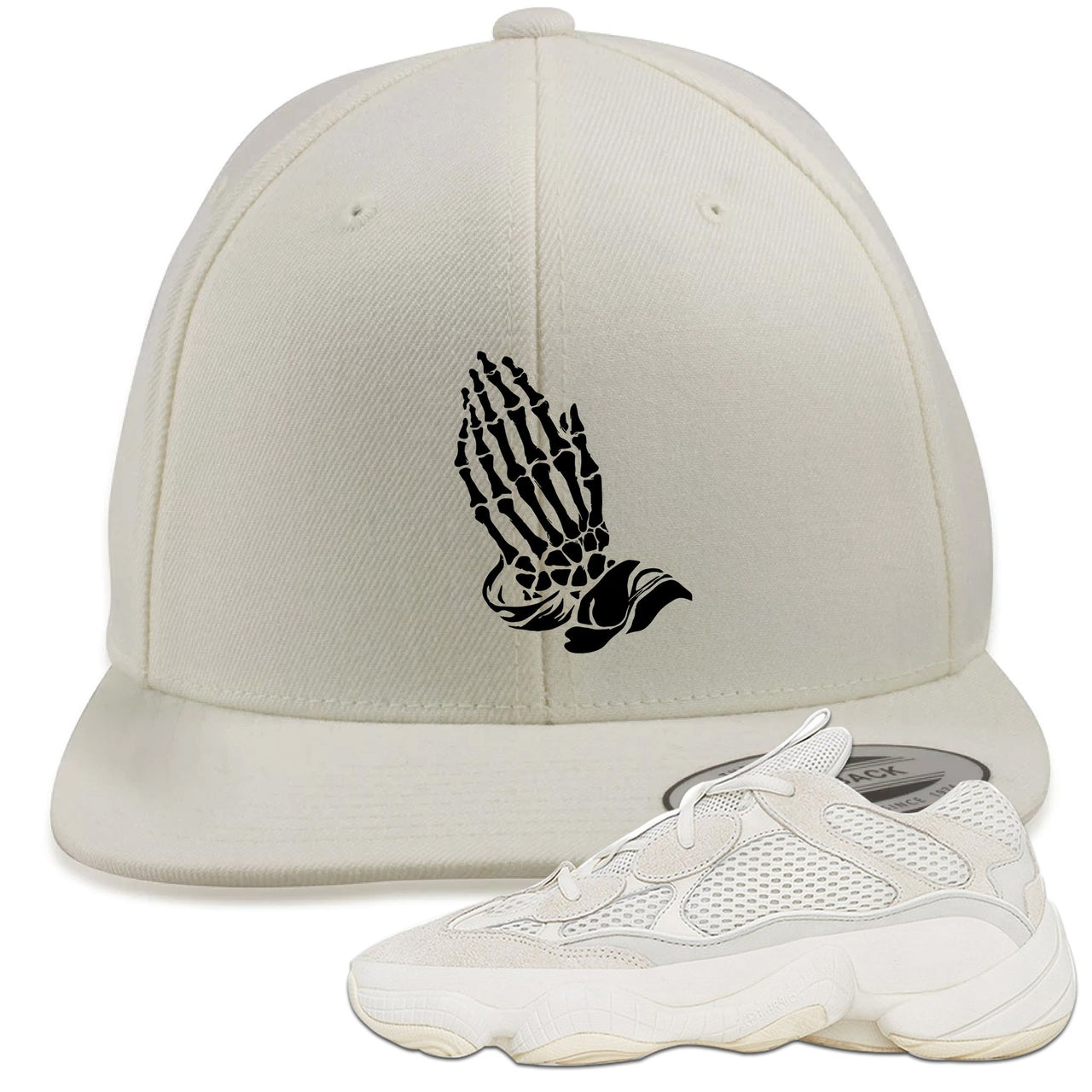 Bone White 500s Snapback Hat | Praying Skeleton Hands, White