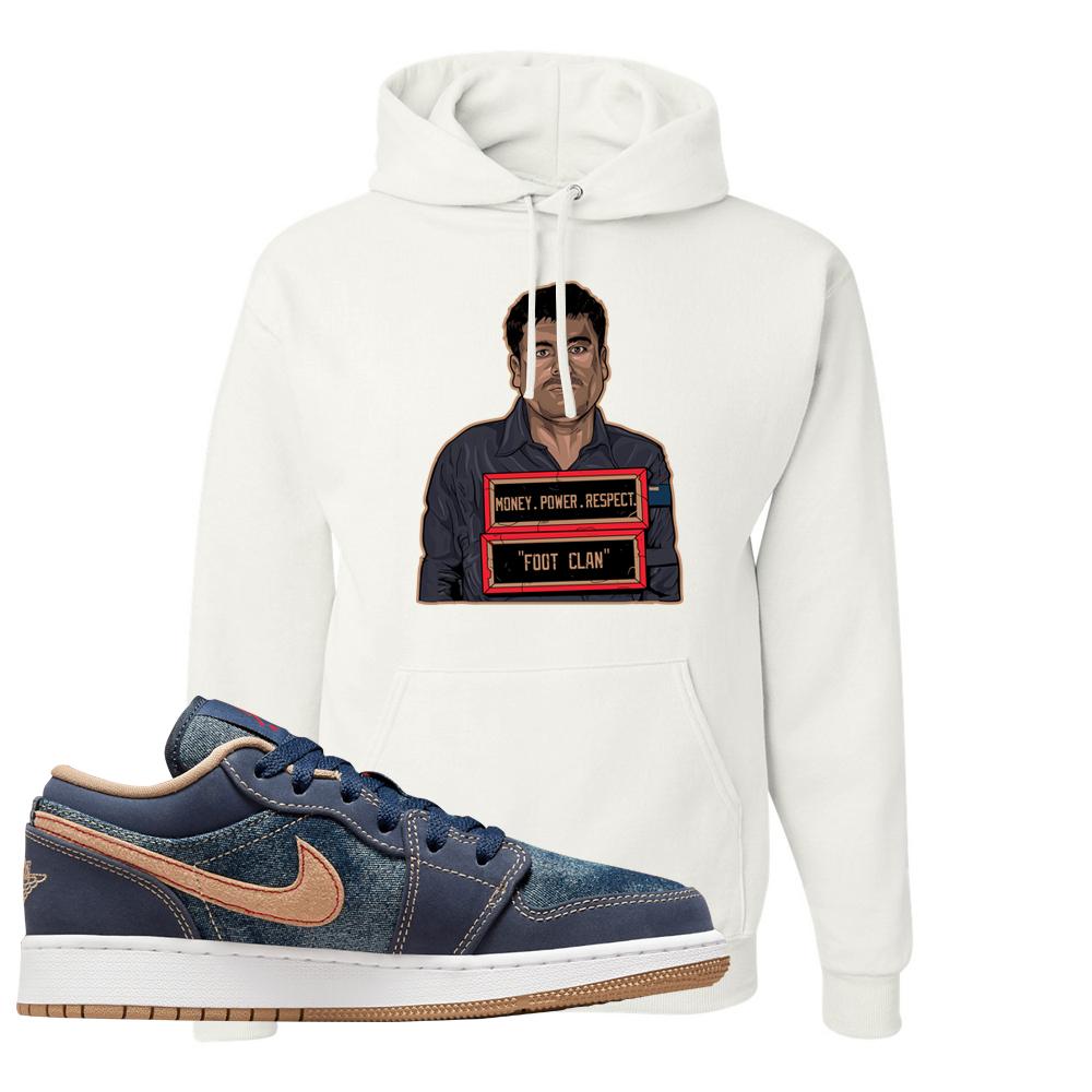 Denim Gum Bottom Low 1s Hoodie | El Chapo Illustration, White