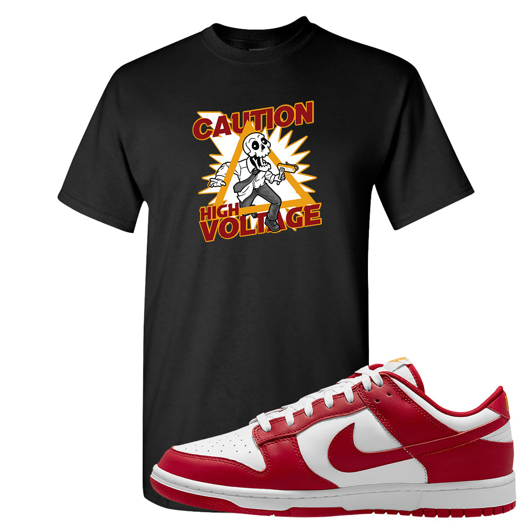Red White Yellow Low Dunks T Shirt | Caution High Voltage, Black
