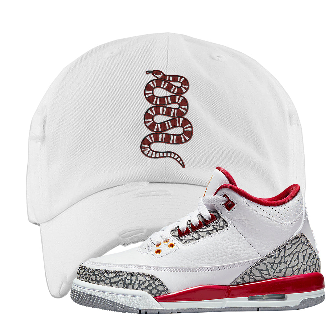 Cardinal Red 3s Distressed Dad Hat | Coiled Snake, White