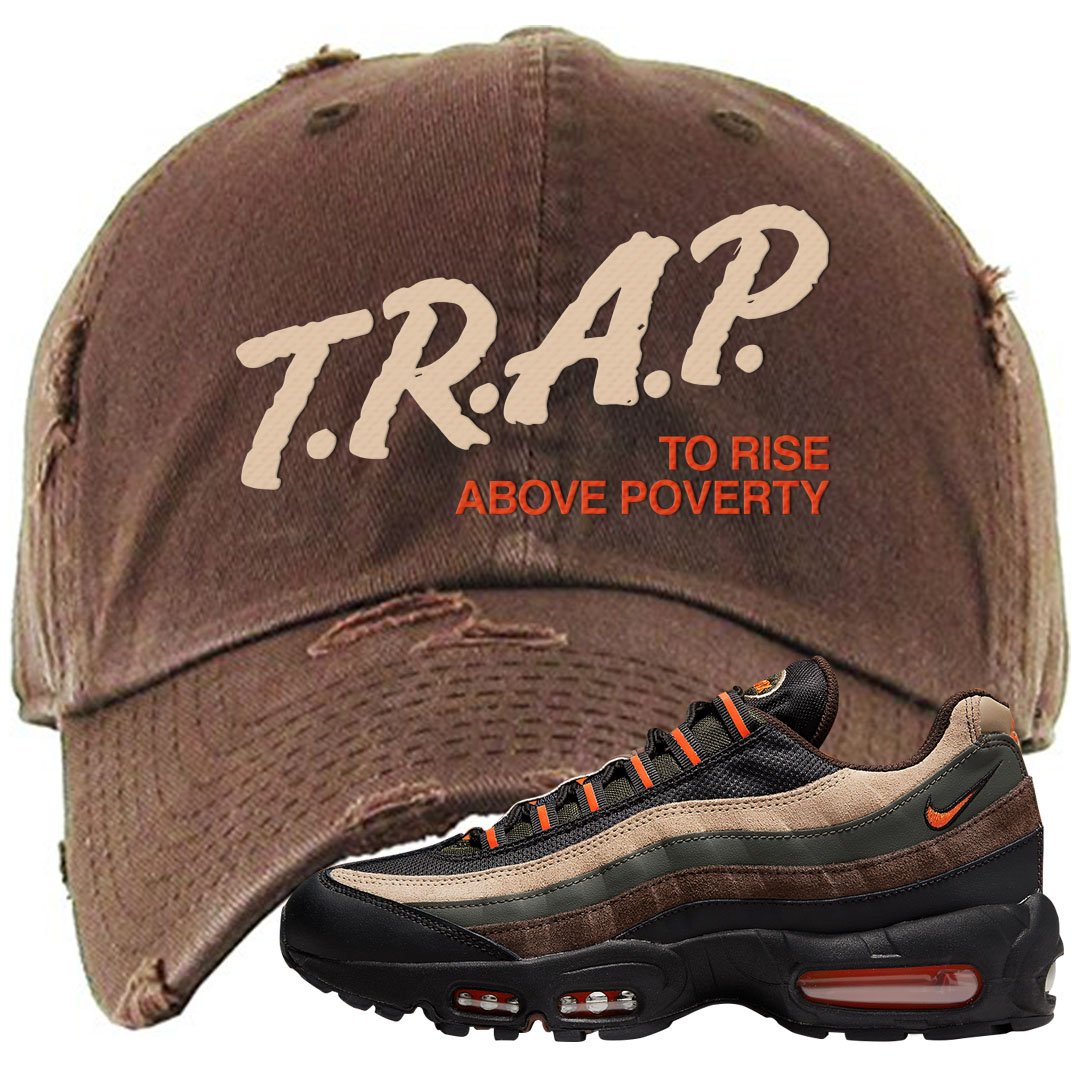 Dark Army Orange Blaze 95s Distressed Dad Hat | Trap To Rise Above Poverty, Brown