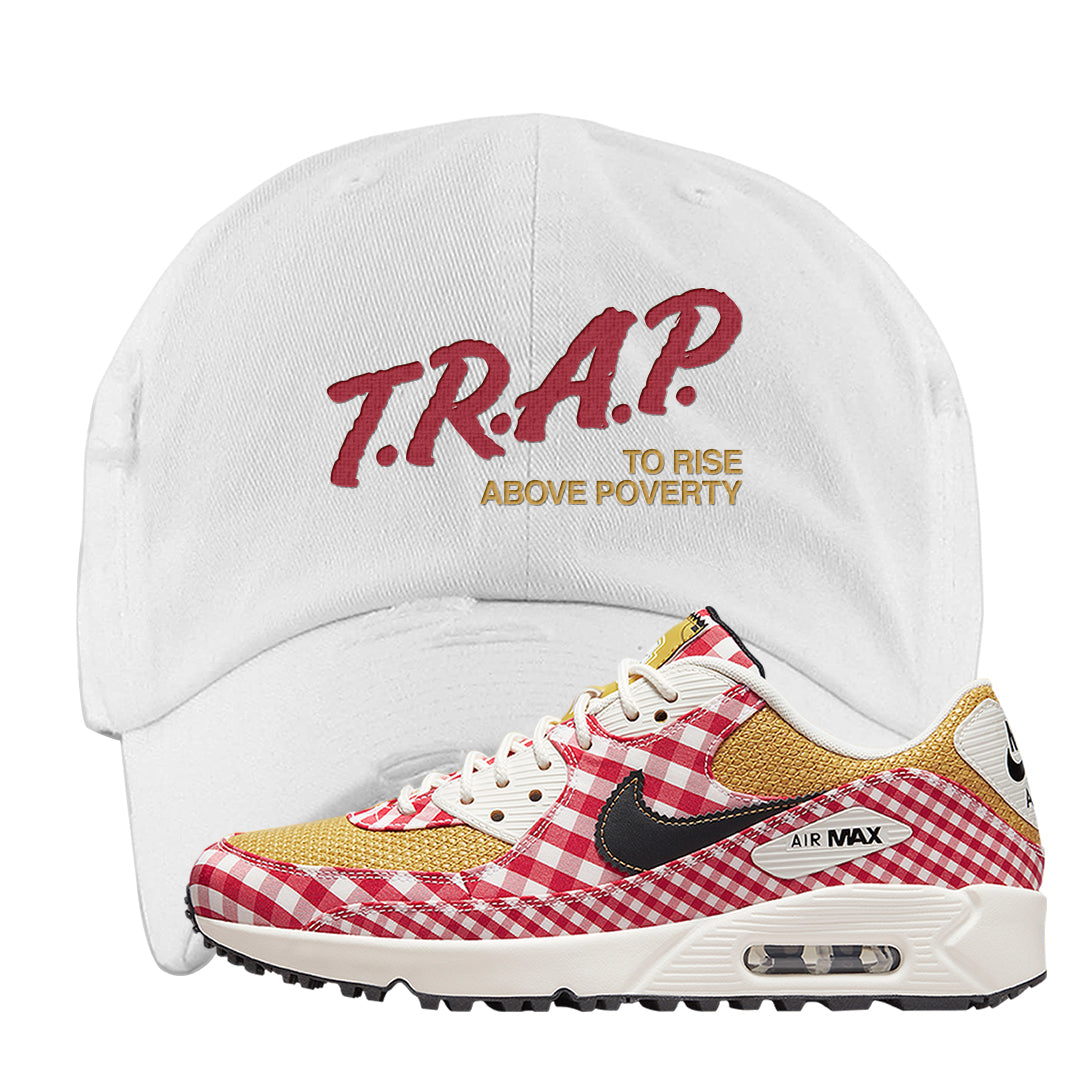 Picnic Golf 90s Distressed Dad Hat | Trap To Rise Above Poverty, White