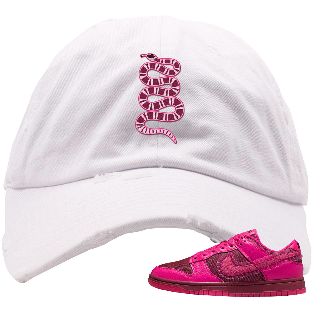 2022 Valentine's Day Low Dunks Distressed Dad Hat | Coiled Snake, White