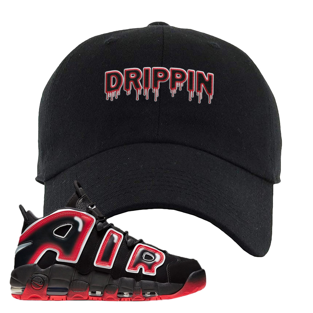 Air More Uptempo Laser Crimson Drippin Black Sneaker Hook Up Dad Hat