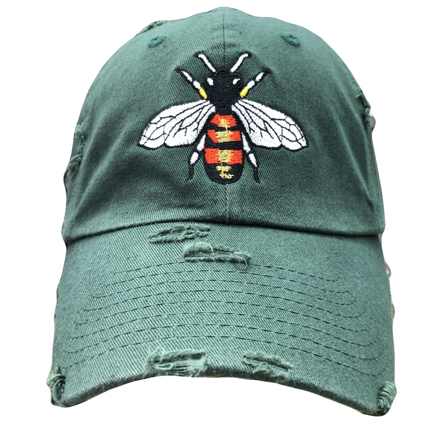 on the front of the hunter green honey bee distressed dad hat is a honey bee embroidered in red, yellow, black and white
