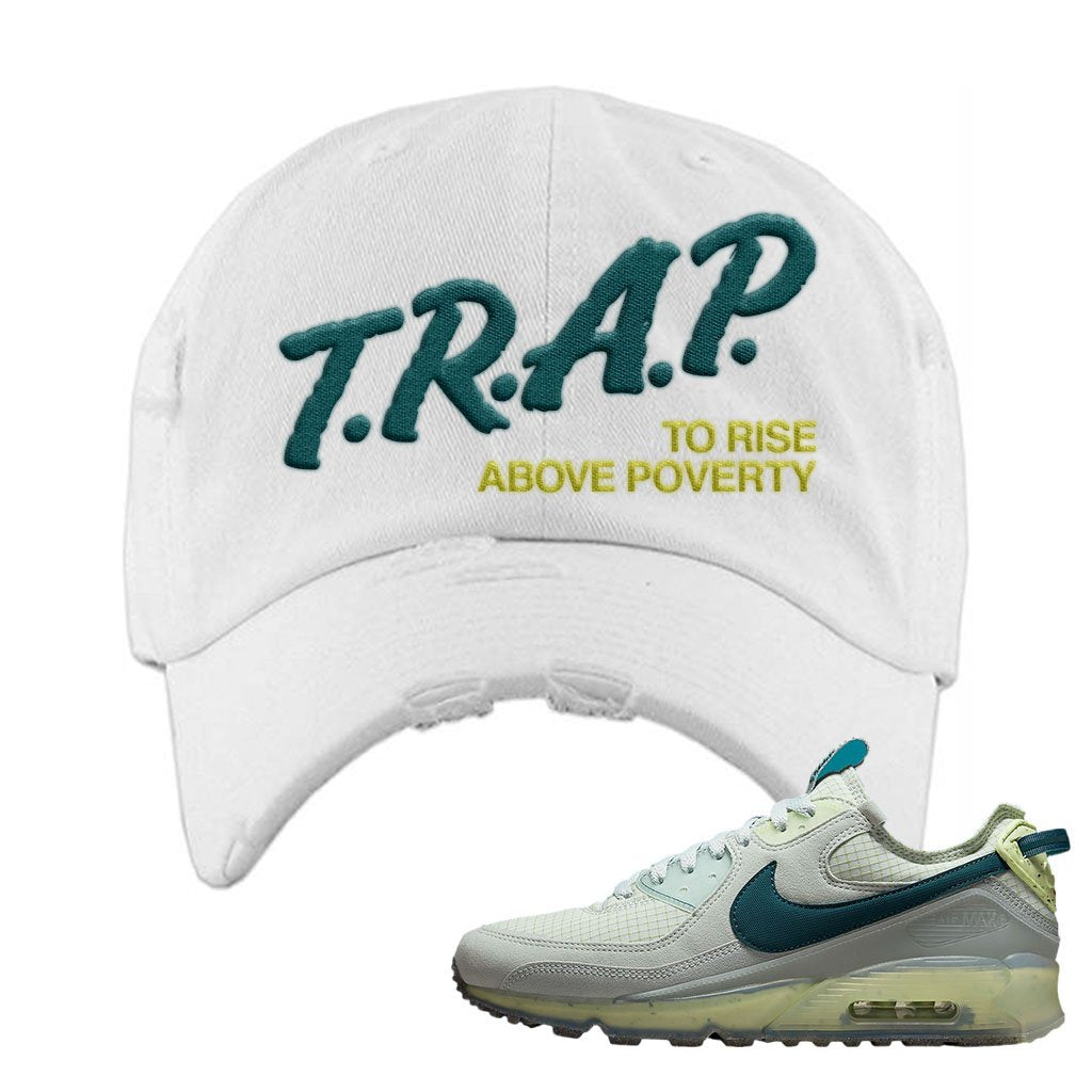 Seafoam Dark Teal Green 90s Distressed Dad Hat | Trap To Rise Above Poverty, White