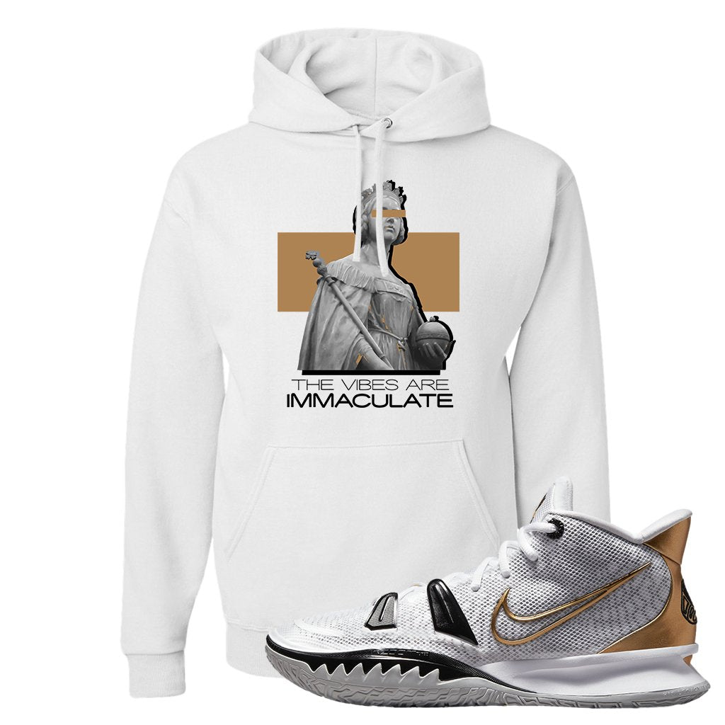 White Black Metallic Gold Kyrie 7s Hoodie | The Vibes Are Immaculate, White