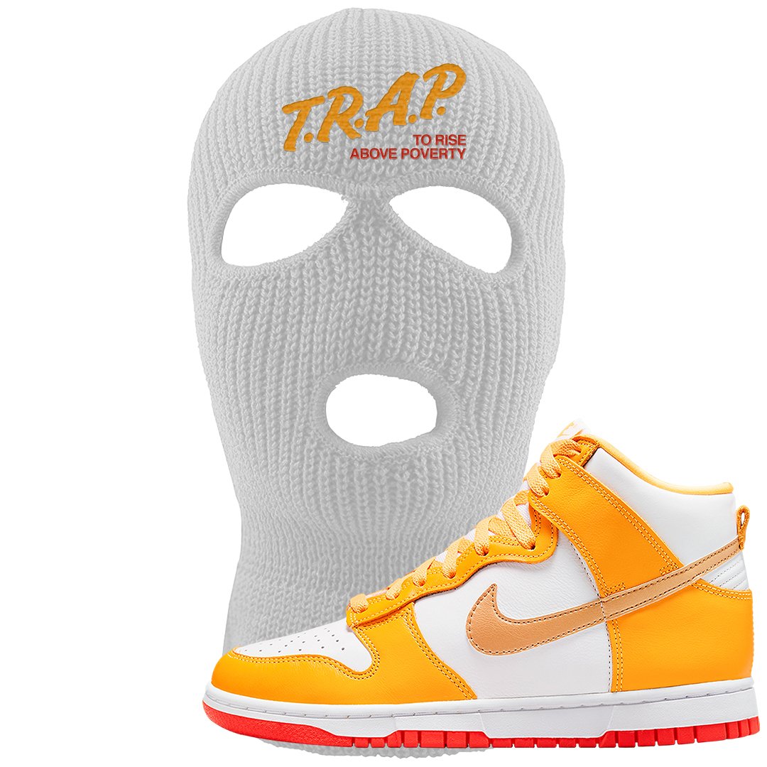 Yellow Gold Orange High Dunks Ski Mask | Trap To Rise Above Poverty, White