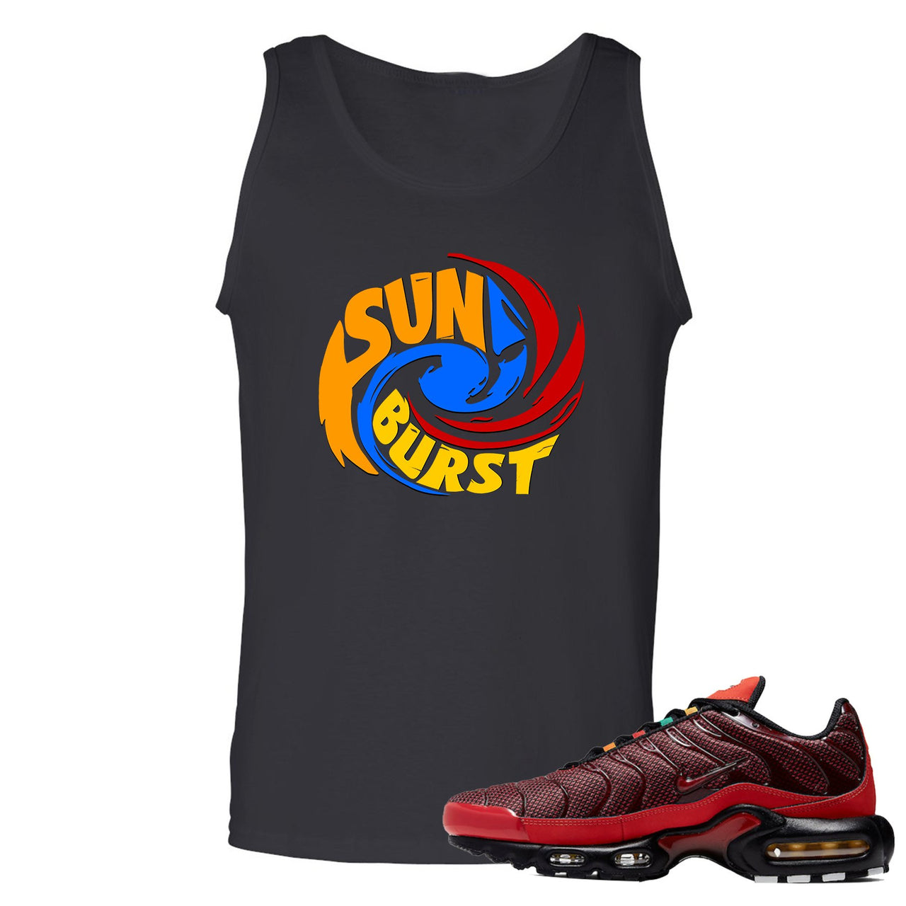 printed on the front of the air max plus sunburst sneaker matching black tank top is the sunburst hurricane