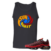 printed on the front of the air max plus sunburst sneaker matching black tank top is the sunburst hurricane