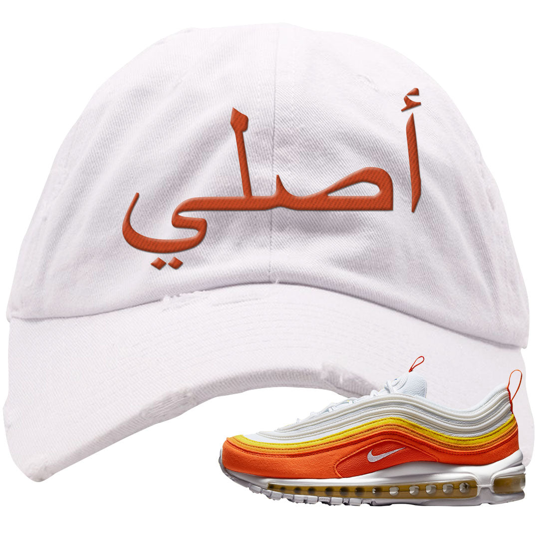 Club Orange Yellow 97s Distressed Dad Hat | Original Arabic, White