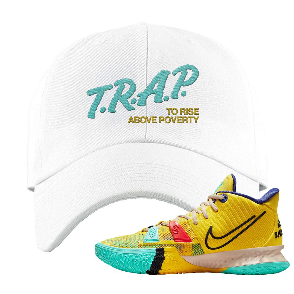 1 World 1 People Yellow 7s Dad Hat | Trap To Rise Above Poverty, White