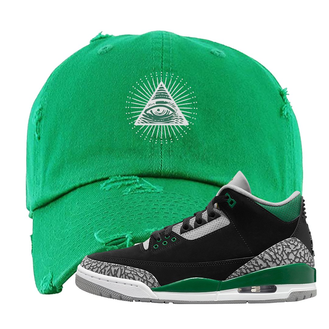 Pine Green 3s Distressed Dad Hat | All Seeing Eye, Kelly Green
