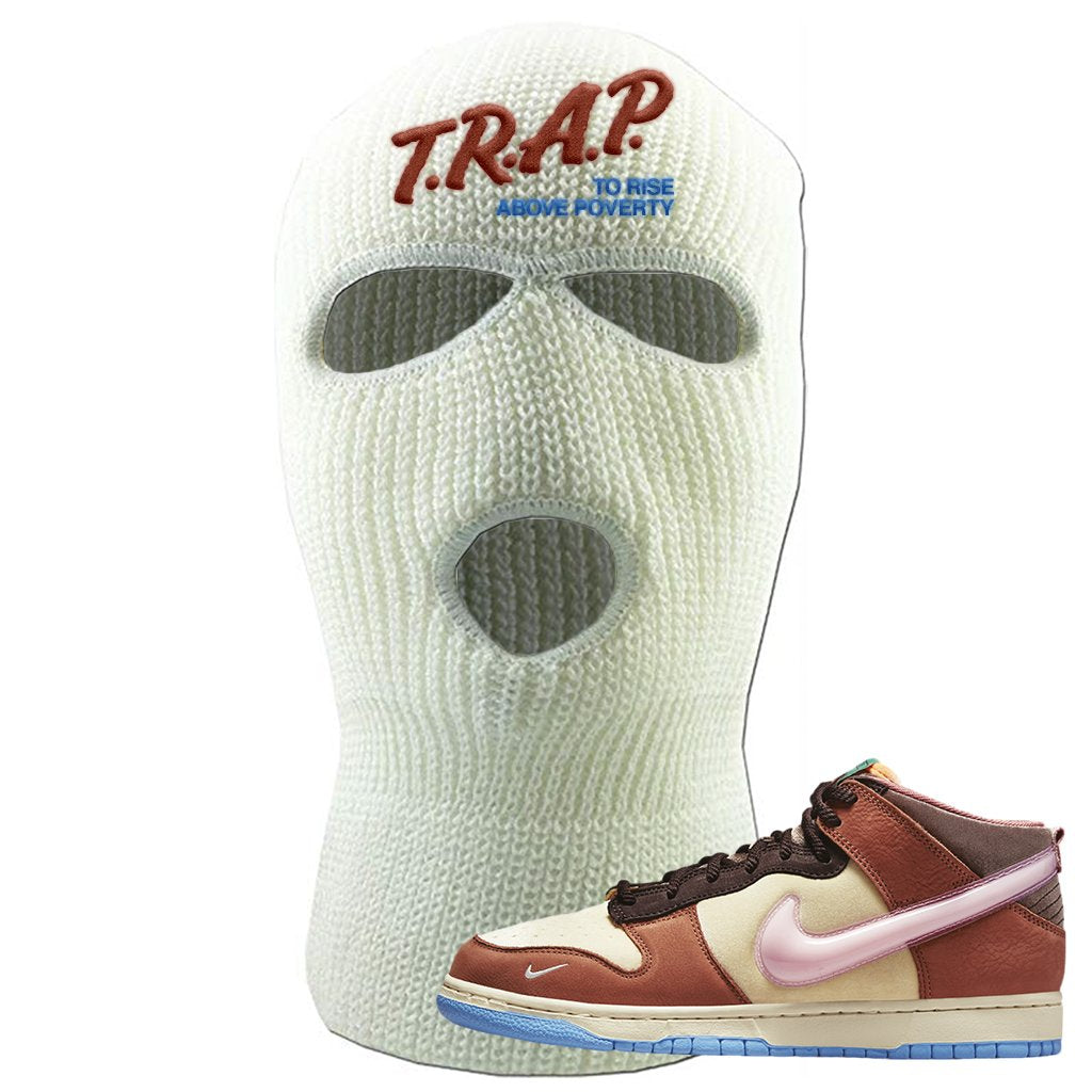 Chocolate Milk Mid Dunks Ski Mask | Trap To Rise Above Poverty, White