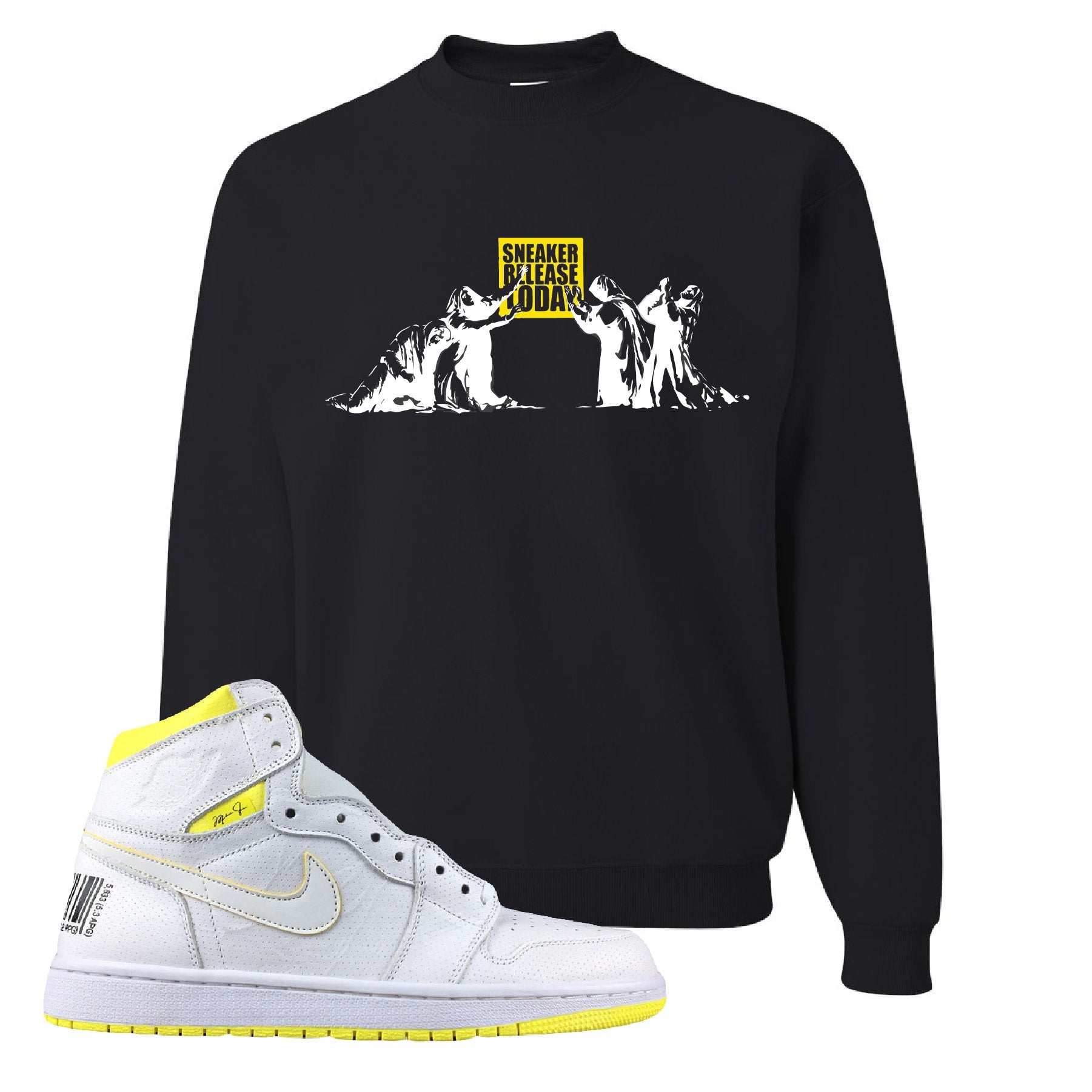 Air Jordan 1 First Class Flight Sneaker Release Today Black Sneaker Matching Crewneck Sweatshirt