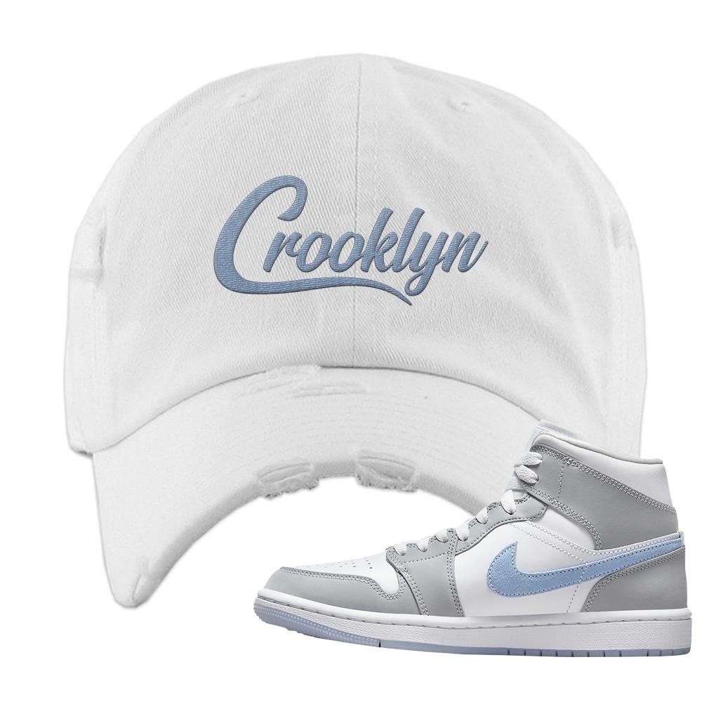 Air Jordan 1 Mid Grey Ice Blue Distressed Dad Hat | Crooklyn, White