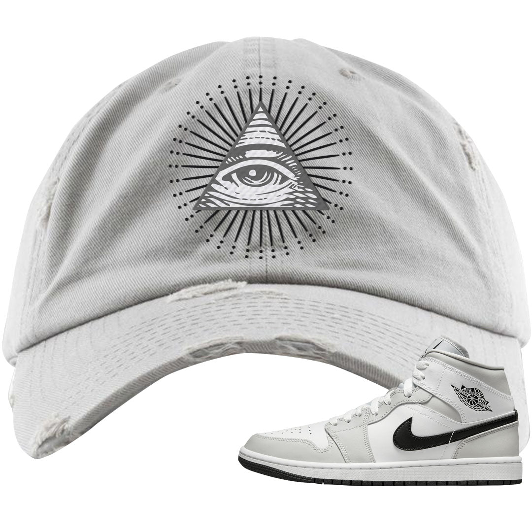 Light Smoke Grey Mid 1s Distressed Dad Hat | All Seeing Eye, Light Gray